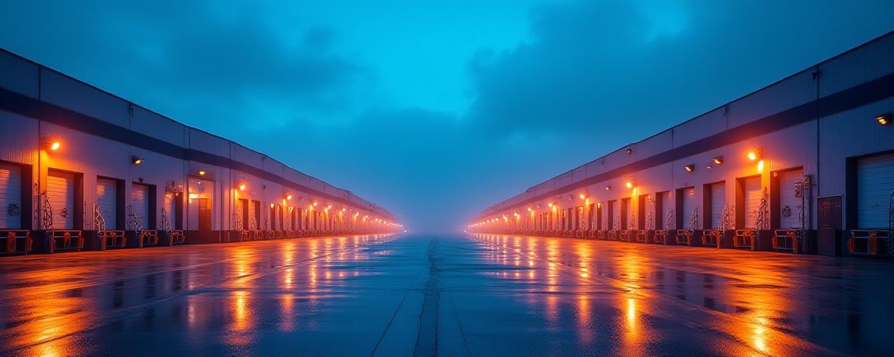 Panoramic view of commercial warehouse docks