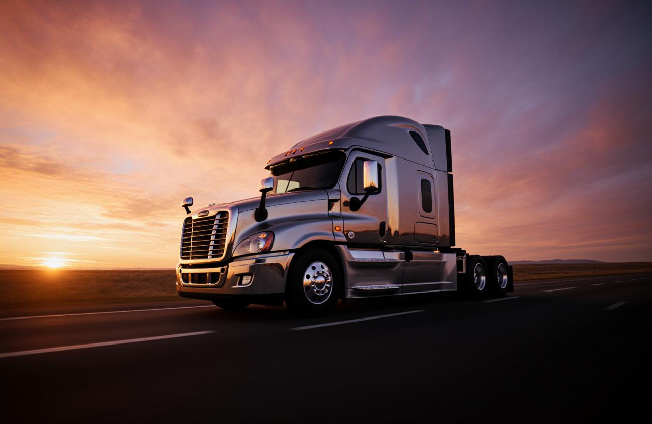 Heavy duty semi-truck on an open highway at sunset